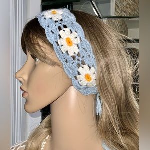 NEW Handmade crochet Headband Light Blue with White Flowers Boho Style